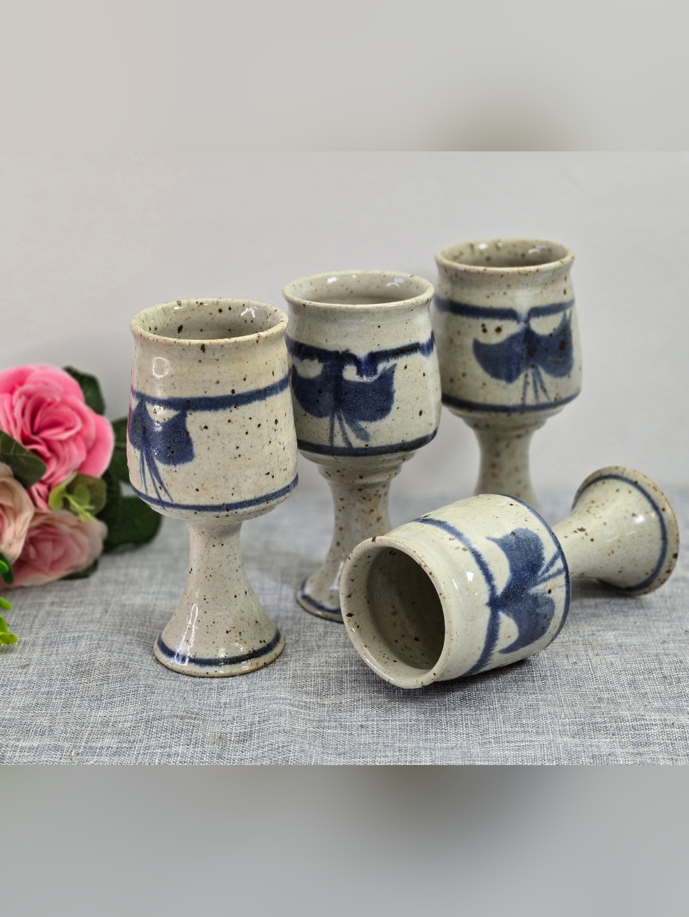 Blue Grey Stoneware Drinkware Chalice Pedestal Set 4 Vintage Goblets Handpainted